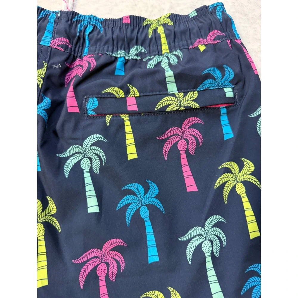 Mens Resort Swim Trunk Navy‎ Blue Neon Palm Tree Print Elastic Waist NWT Small